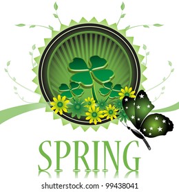 Abstract colorful spring design with four leaf clovers, yellow and green flowers and a beautiful green butterfly. Spring concept