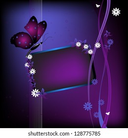 Abstract colorful spring design with small frame, flowers and butterfly, all in a dark purple color