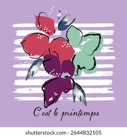 Abstract colorful spring floral art and rhinestone with white stripes texture flowered background for t-shirt design. apparel, print, poster, sticker