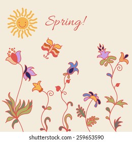 abstract colorful spring flowers with butterfly and sun