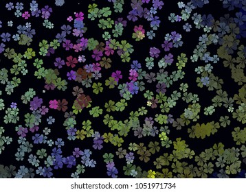 Abstract colorful spring pattern with flower motif. Shamrock, clover, flower silhouettes.  Halftone effect background. Vector clip art.