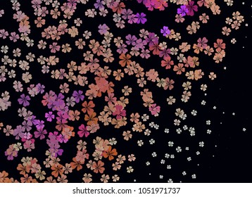 Abstract colorful spring pattern with flower motif. Shamrock, clover, flower silhouettes.  Halftone effect background. Vector clip art.