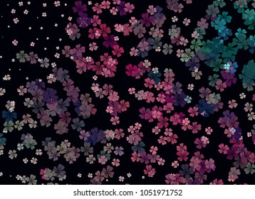 Abstract colorful spring pattern with flower motif. Shamrock, clover, flower silhouettes.  Halftone effect background. Vector clip art.