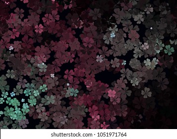 Abstract colorful spring pattern with flower motif. Shamrock, clover, flower silhouettes.  Halftone effect background. Vector clip art.