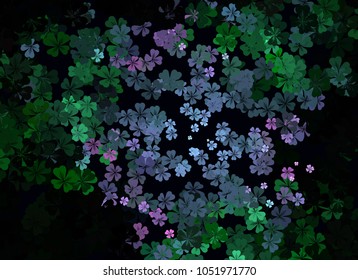 Abstract colorful spring pattern with flower motif. Shamrock, clover, flower silhouettes.  Halftone effect background. Vector clip art.