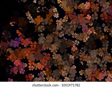 Abstract colorful spring pattern with flower motif. Shamrock, clover, flower silhouettes.  Halftone effect background. Vector clip art.