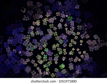Abstract colorful spring pattern with flower motif. Shamrock, clover, flower silhouettes.  Halftone effect background. Vector clip art.