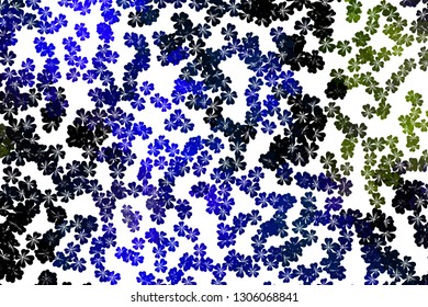 Abstract colorful spring pattern with flower motif. Shamrock, clover, flower silhouettes. Halftone effect background. 