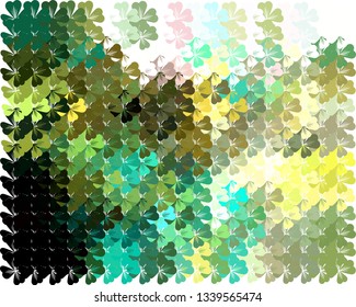 Abstract colorful spring pattern with flower motif. Shamrock, clover, flower silhouettes. Halftone effect background.