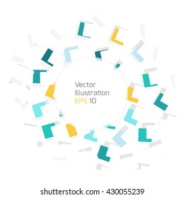 Abstract colorful square cubes. Round frame design elements. Blue, orange, turquoise, grey, white.
