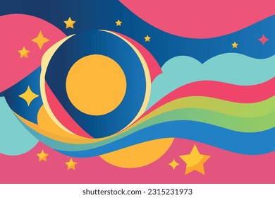 Abstract Colorful Starred Childish Artistic Poster Night Sky with Moon and Rainbow