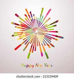 Abstract colorful starry fireworks on white background. Happy New Year card. Vector illustration.