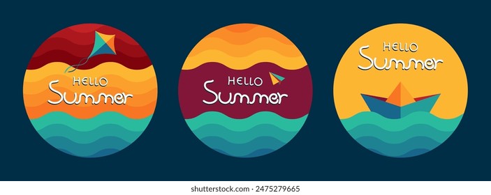 Abstract colorful stickers with, paper sip, paper dragon, and paper airplane, suitable for difrent summer sale design, vector illustration
