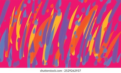 "Abstract colorful streaks and drops in yellow, orange, and purple on hot pink background. Ideal for modern designs, digital art, and creative projects. Energetic and dynamic background