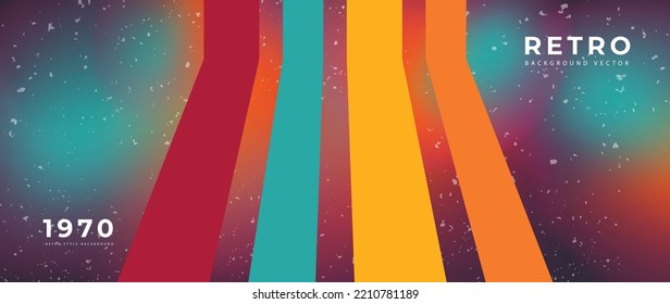 Abstrakter bunter Streifen Hintergrund, Vektorgrafik. 70er Jahre Retro-Vintage alte stilvolle Illustration kreative Abdeckung mit Regenbogenlinien, geometrischen Formen. Geeignetes Design für Dekoration, Wandkunst, Plakat, Banner.