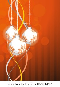 abstract colorful stripes, bubbles background with hanging decorated balls for new year & merry christmas celebration
