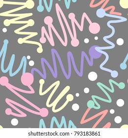 Abstract colorful stripes wavy seamless pattern. Background with hand drawn lines and dots.