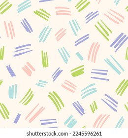 Abstract, colorful strokes seamless repeat pattern. Random placed, vector lines all over surface print.