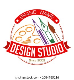 Abstract colorful stylish round design studio illustration with brush, pen, pencil and palette for logo or other use in very bright colors.