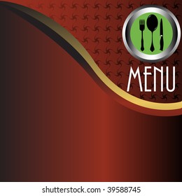 Abstract colorful stylized restaurant menu with green plate, fork, spoon and knife. Menu theme