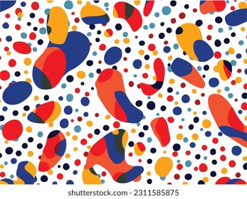 abstract colorful stylized abstract seamless pattern of dots on the white background, in the style of irregular curvilinear forms, confetti-like dots, bold primary colors, abstract minimalism apprecia