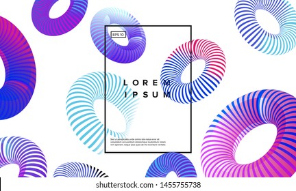 Abstract colorful summer background with striped tori (torus or toroid). Composition of colorful holographic neon 3d shapes, vaporwave/ retrowave/ cyberpunk style.