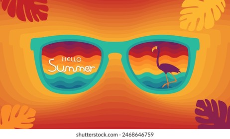 Abstract colorful summer background with tropical leaves and flamingo, vector illustration