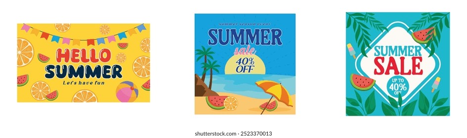 Abstract colorful Summer with beach vibe decoration. Summer shopping event. Summer Sale. Set flat vector modern illustration 