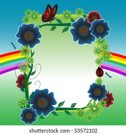 Abstract colorful summer frame with colored flowers and various insects