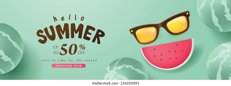 Abstract colorful Summer sale banner background with funny watermelon decorate