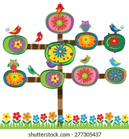 Abstract and colorful summer tree and birds