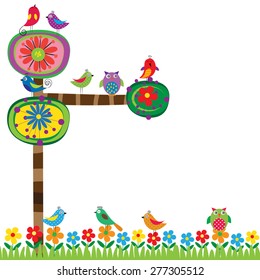 Abstract and colorful summer tree and birds