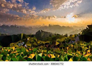 Abstract Colorful sunset over the mountain hills triangular low poly style vector background,Vector illustration