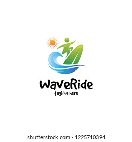 Abstract colorful surf board, human figure and water wave icon, for water sport surfing logo design, with vibrant gradient color 