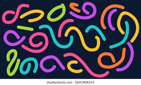 Abstract colorful swirl shapes in vibrant tones on dark background. Perfect for modern graphic design, dynamic backdrops, party flyers, and digital compositions. Trendy and playful look.