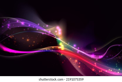 Abstract colorful swirl wave and sparkling starlight on dark background. Flow liquid lines design element.