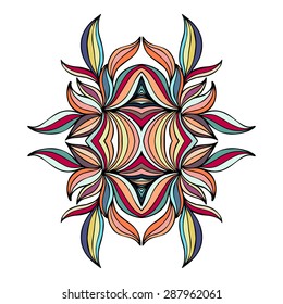 Abstract colorful symmetric element for your design. Kaleidoscope element. Hand drawn doodle flower with wave design. Vector illustration eps8