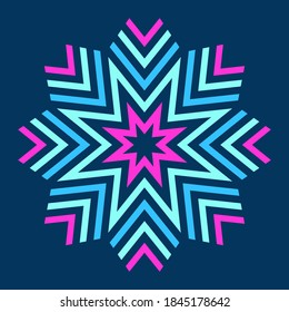 Abstract colorful symmetric symbol isolated on dark background. Stylized flower with striped petals. Logo. Design element. Star, snowflake. Geometric fashion pattern. Vector illustration.