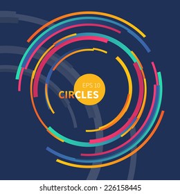 Abstract colorful technology backdrop with circle of bright lines on dark blue. Bright backdrop in hi-tech style - template design for banner, annual report, ads