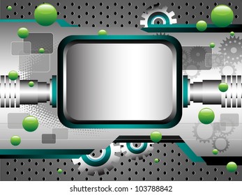 Abstract colorful technology background with gears, green bubbles, metallic elements and an empty frame