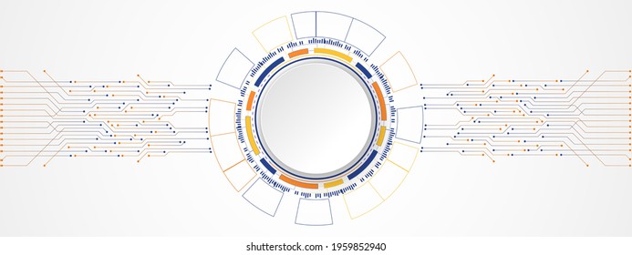 Abstract Colorful Technology Background, white circle banner on blue and orange gradient digital circle and circuit board pattern