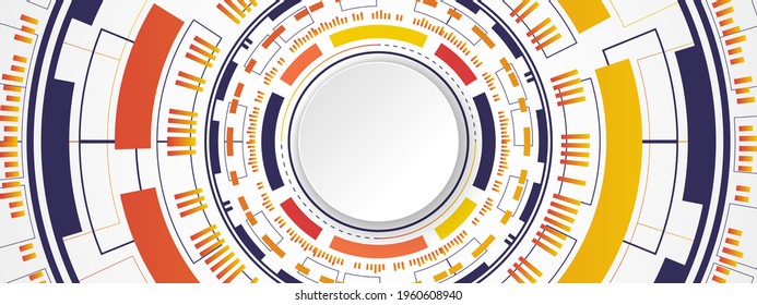 Abstract Colorful Technology Background, white circle banner on blue and orange gradient digital circle and circuit board pattern