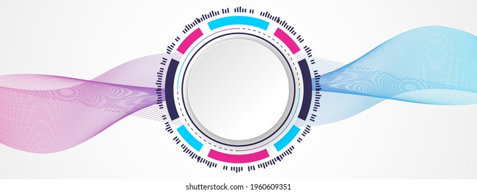 Resumen Tecnología colorida Fondo, banner de círculo blanco sobre círculo digital de gradiente azul y rosa y patrón de línea ondulada
