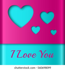 Abstract colorful template with amorous confession turquoise hearts cut out from purple wrapping paper vector illustration