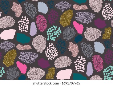 Abstract colorful terrazzo seamless pattern with gold glitter texture elements. Fashion & style.