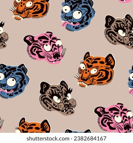 Abstract colorful Tigers or leopards. Unique, cartoon, quirky style. Hand drawn trendy Vector illustration. Funny characters. Wallpaper, poster, print template. Square seamless Pattern