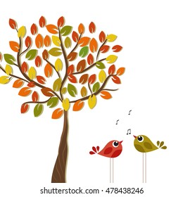 Abstract colorful tree. Autumn tree. Template for greeting card with cute bird