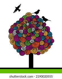 Abstract colorful tree with birds. Vector illustration