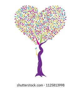 Abstract colorful tree with branches and leafs growing into heart shape isolated on white background. Vector illustration.