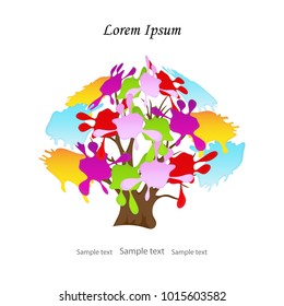 Abstract colorful tree branches with multicolored leaves,splash liquid paint.Vector invitation template,logo, greetings of the bright spots: red,yellow,blue,purple,green, pink. Empty space for text